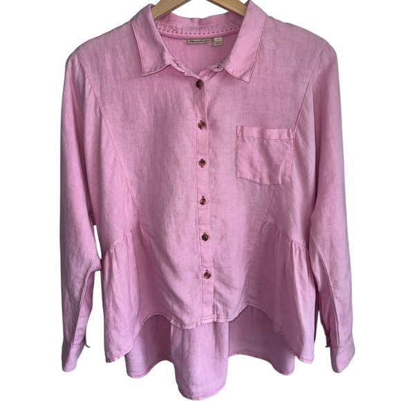 ANTHROPOLOGIE Holding Horses Linen McKenzie Peplum Blouse Pink ButtonUp Top MP - Picture 1 of 5
